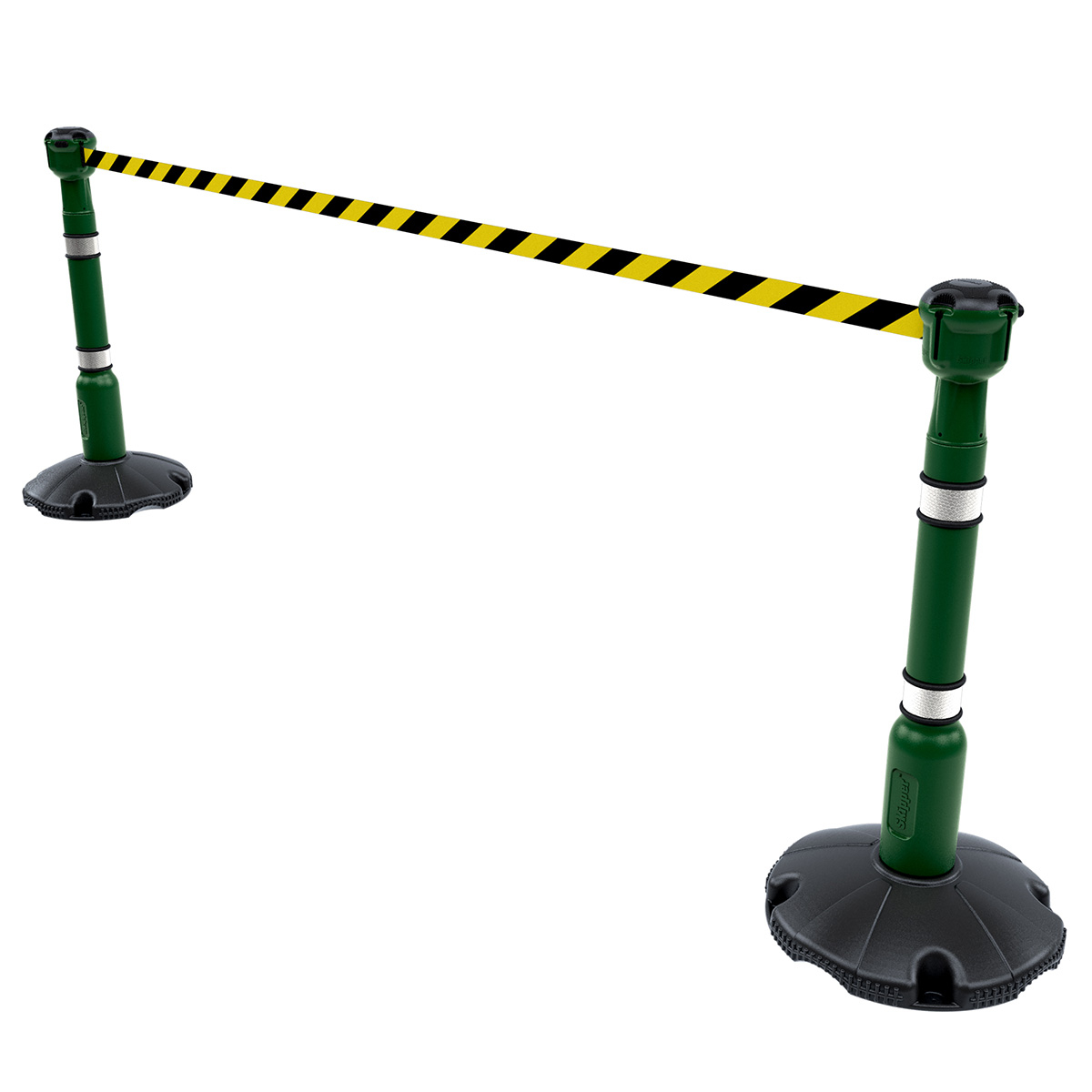 Skipper™ Retractable Barrier Kit 9m With Green Posts And Black And Yellow High Visibility Fabric Tape